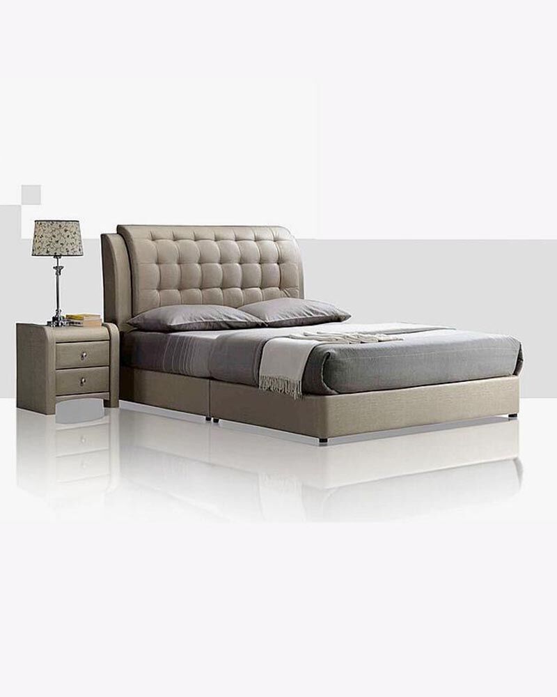 beige king bed and beige bed table