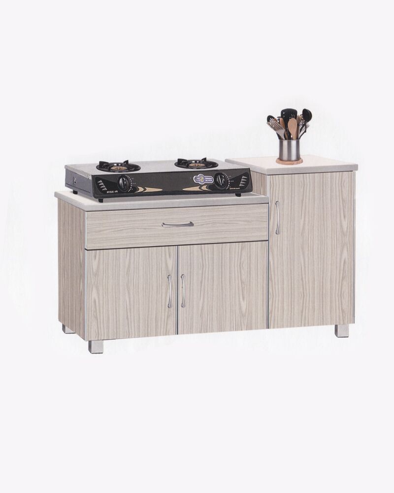 a stove and kitchen utensils above a wooden kitchen cabinet