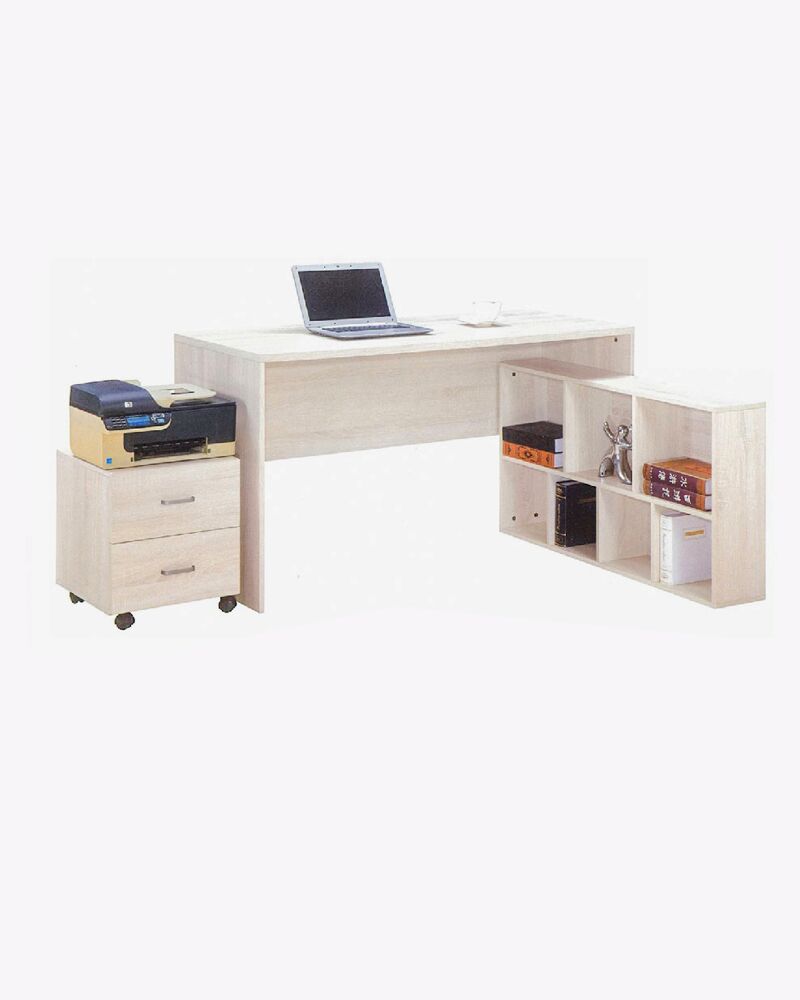 wooden study table with shelf below and mobile 2-door pedestal