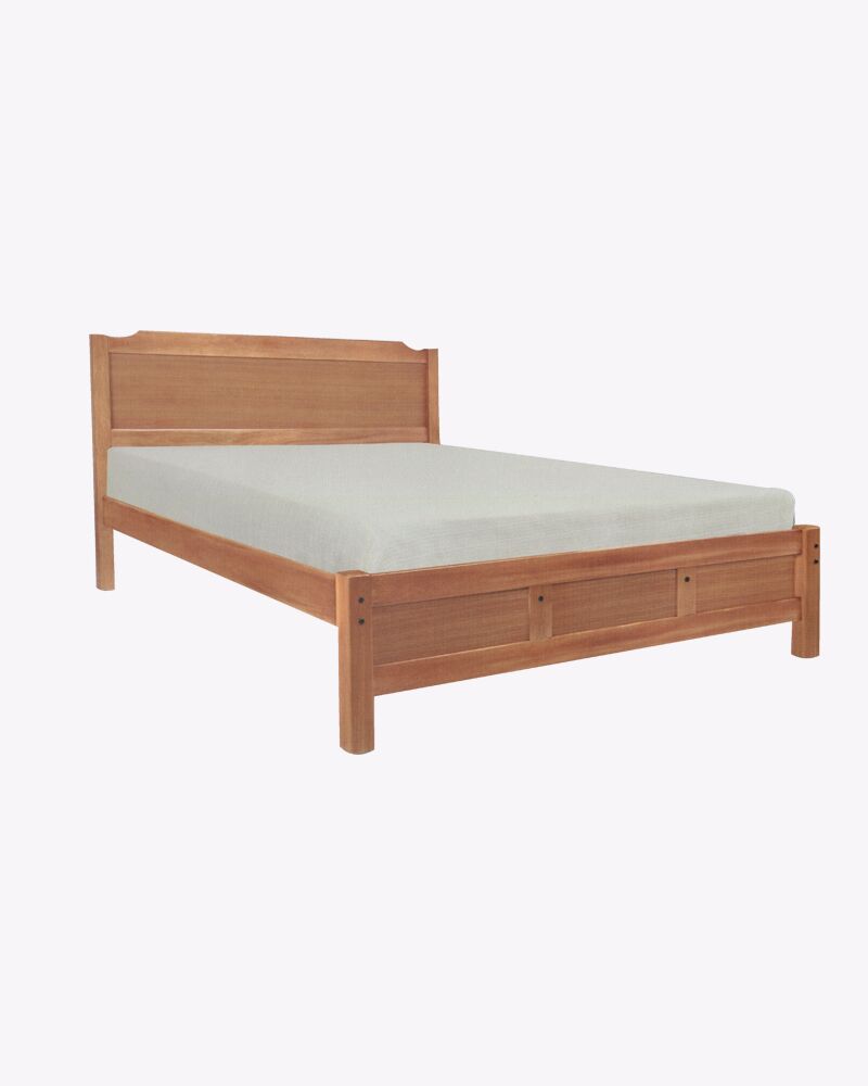 oaked finished wooden bed frame with mattress