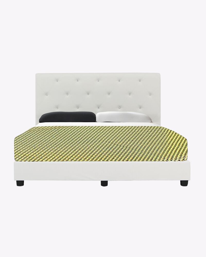 white leather bed frame with yellow mattress cover and beddings