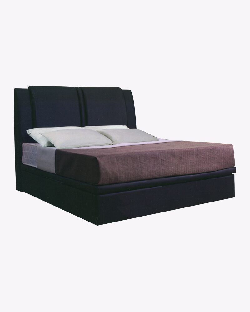 black bed frame with mattress and beddings