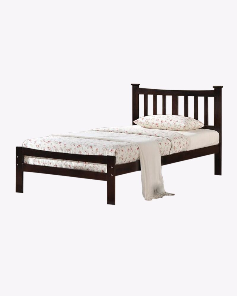 wooden walnut bed frame with mattress and beddings