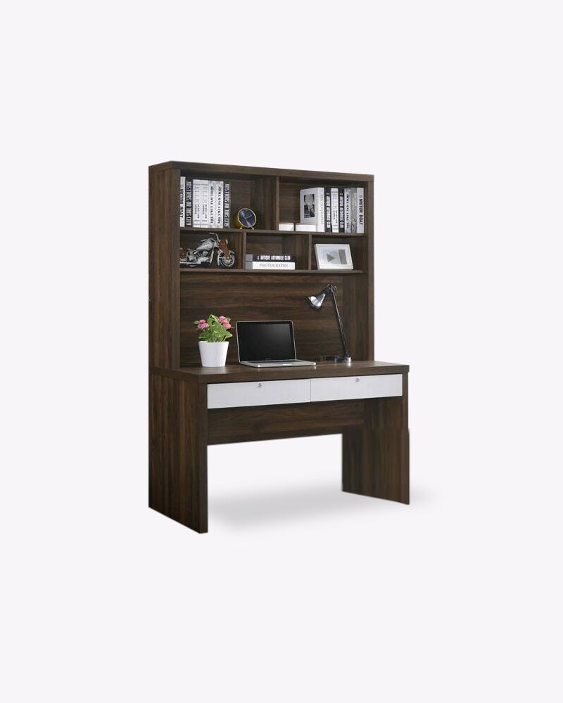 wooden study table with 2 drawers and shelf storage