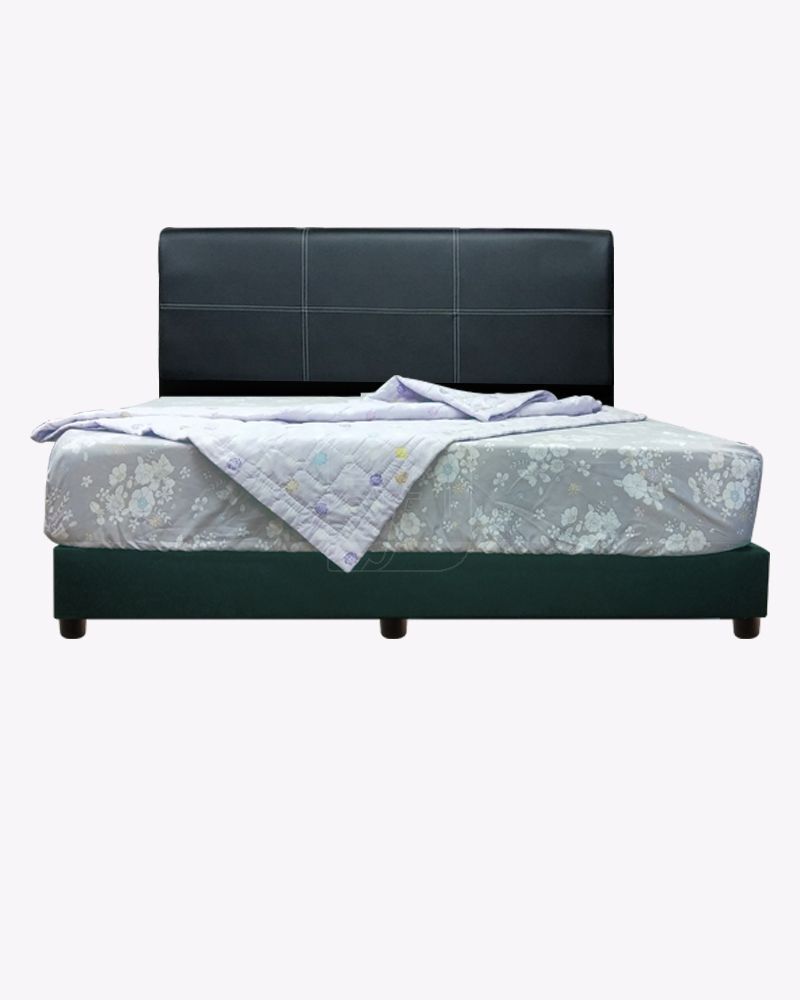 f398_3.jpg black leather headboard bed with mattress and beddings