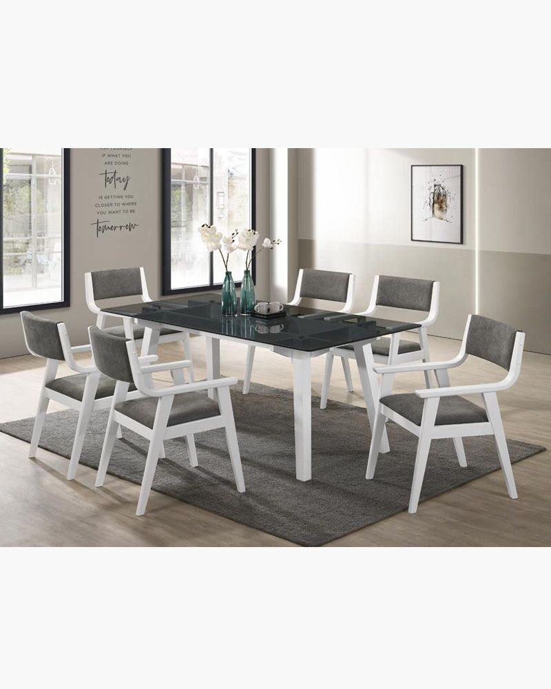 wooden glass dining table with 6 wooden fabric chairs