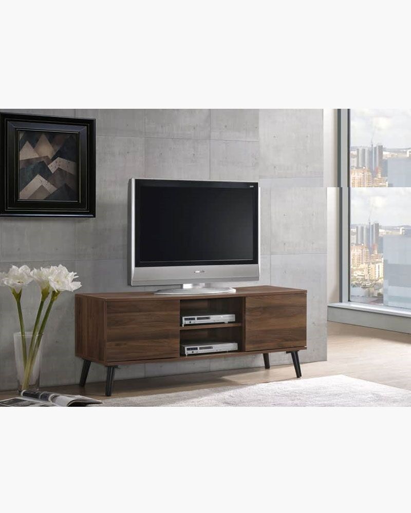 large tv on a wooden tv console