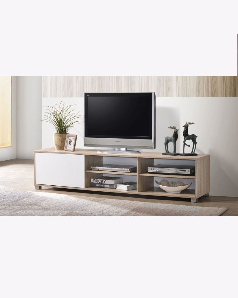 tvc2186rw.jpg a tv on natural wooden 4 shelves and 1 cabinet tv console