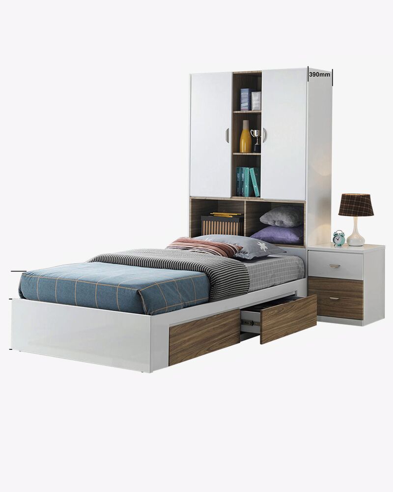 wooden white storage bed frame with side table and storage unit headboard