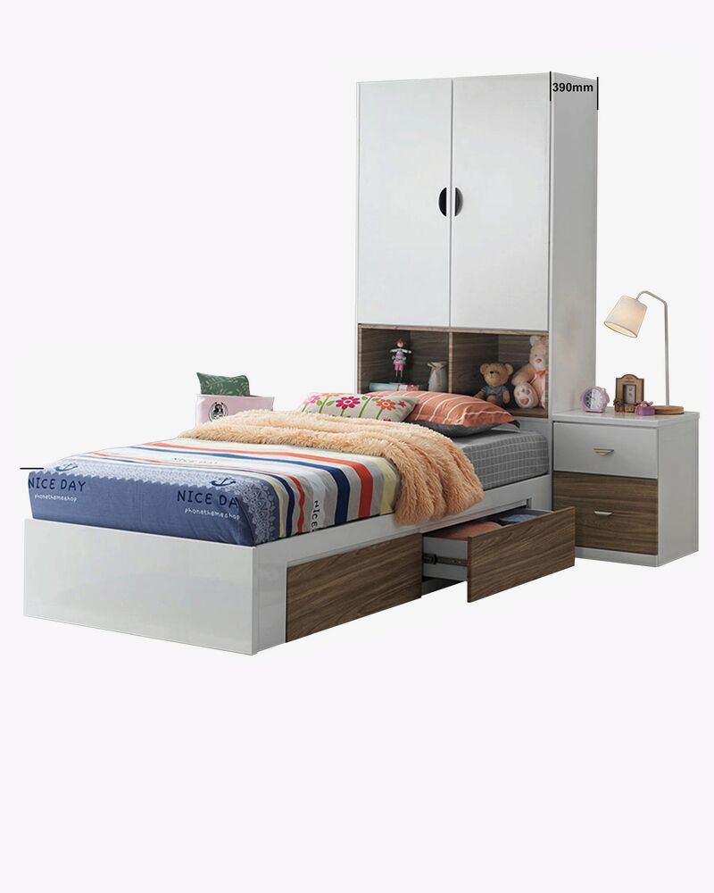 premium wooden white storage bed frame with side table and storage unit headboard