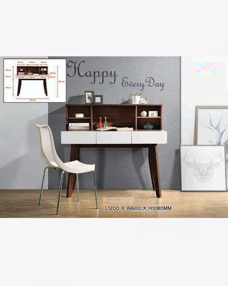 wooden study table 3 drawers and storage above with chair