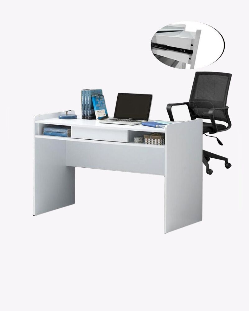 wooden white study table with 1 drawer and 2 shelves and black office chair