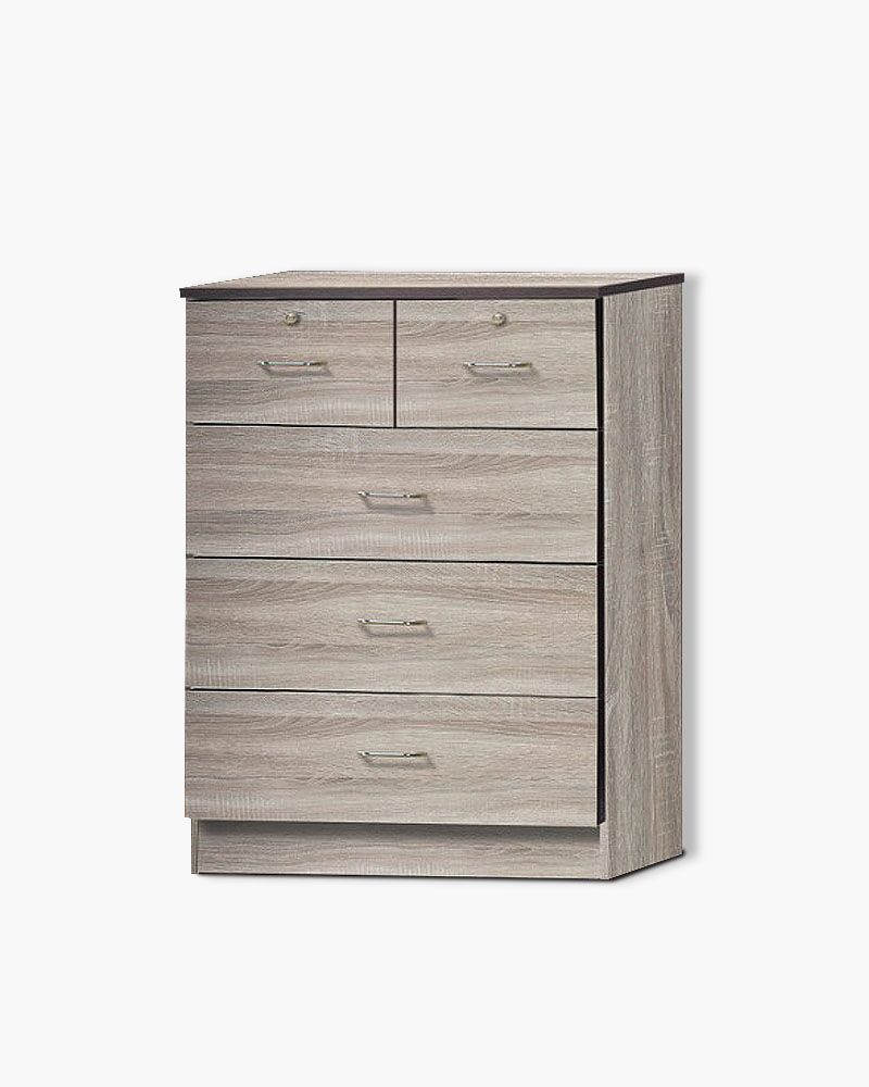 Grey four layers chest of drawers with three rectangular drawers and two square drawers