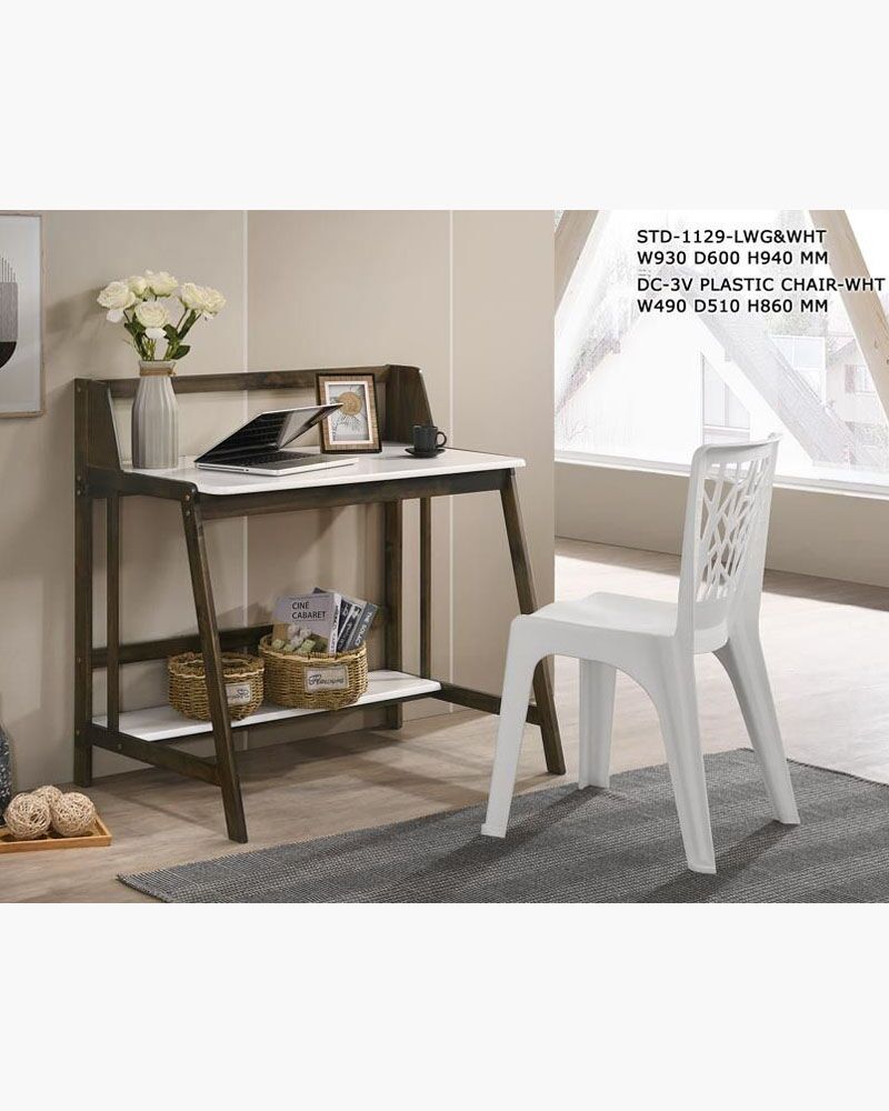 Rustic dark wooden table with white chair
