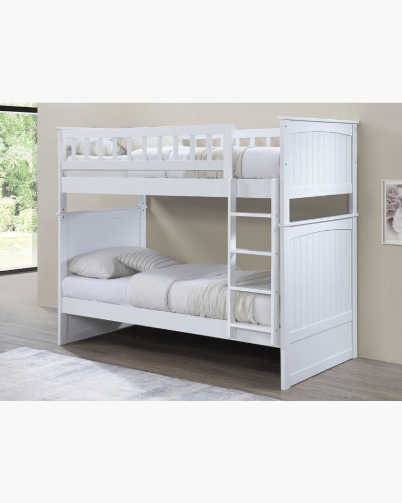 Pure white bunk bed with solid headboard