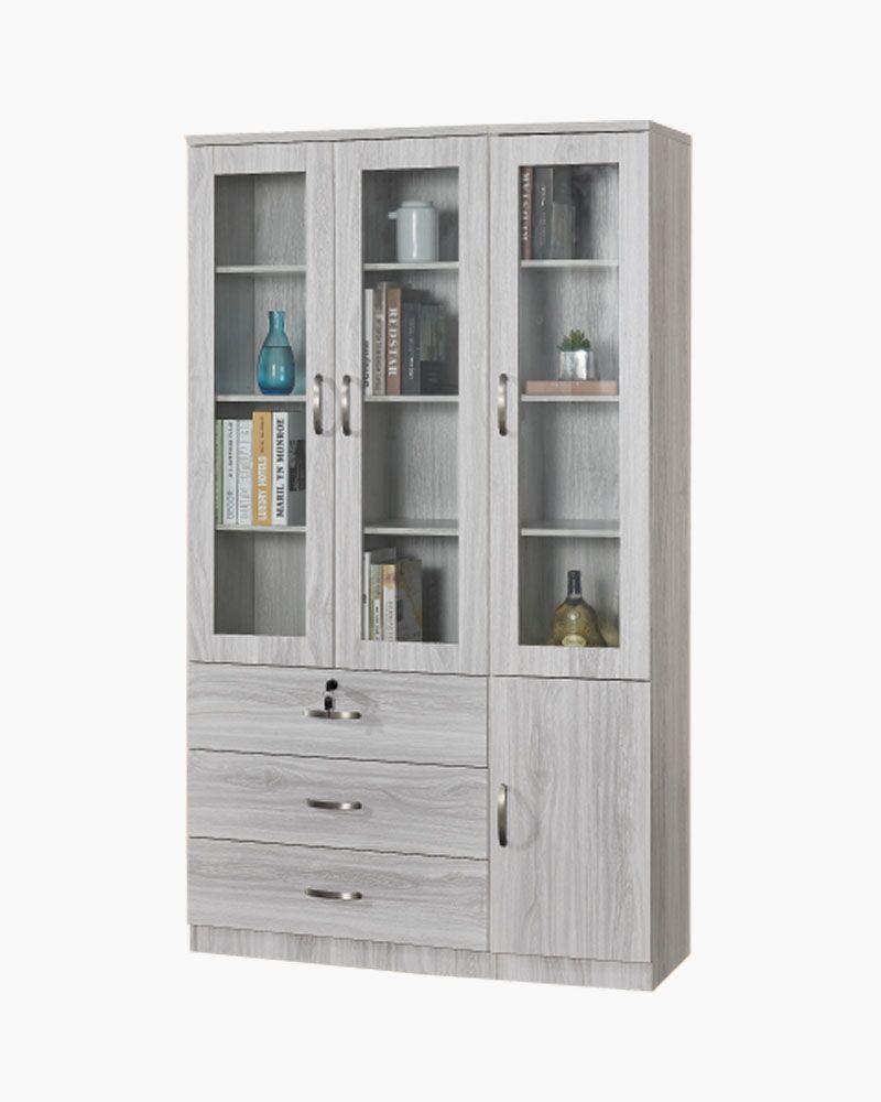 Wood bookshelf with glass doors and drawers