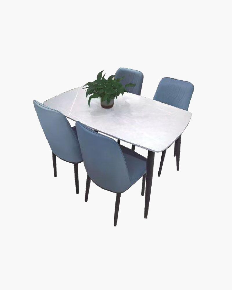 4-seater marble top dining set with slate blue solid-back chairs