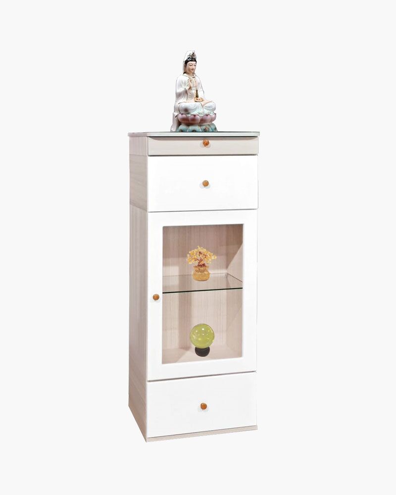 white chest of drawers with 2 glass drawer display in the middle
