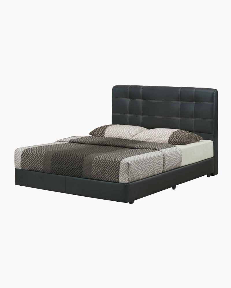black designer faux leather bed frame with Victorian-inspired beddings