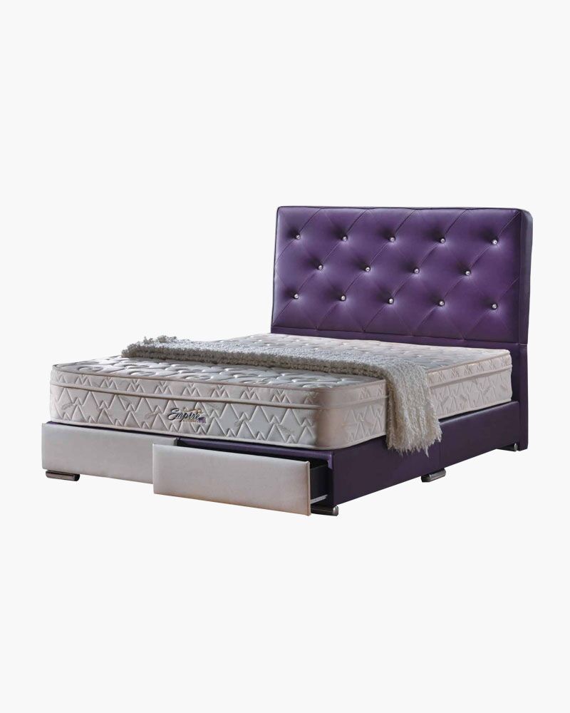 royal designer purple faux leather bed frame with a new extra-thick mattress