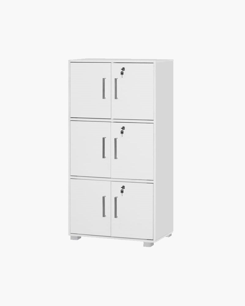 simple, solid white chest of drawers with locks