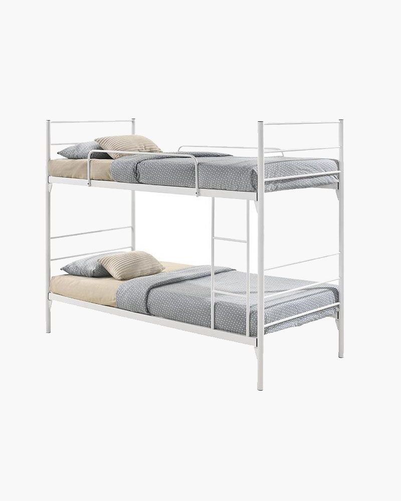 a light-coloured double-deck bed