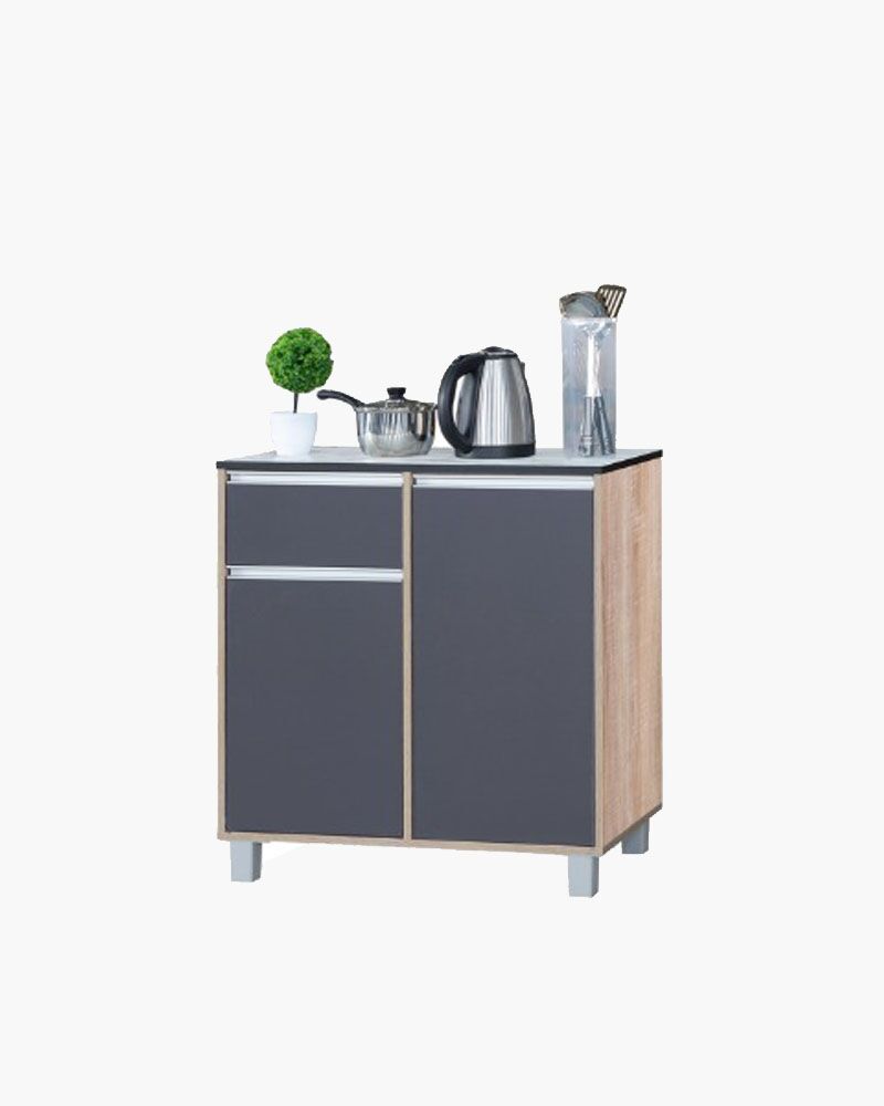 a wooden kitchen cabinet with food items on top of it