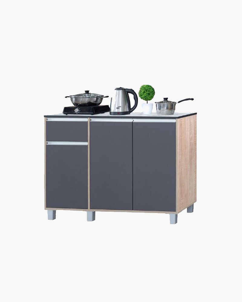 a wooden cabinet with various kitchen items on top of it