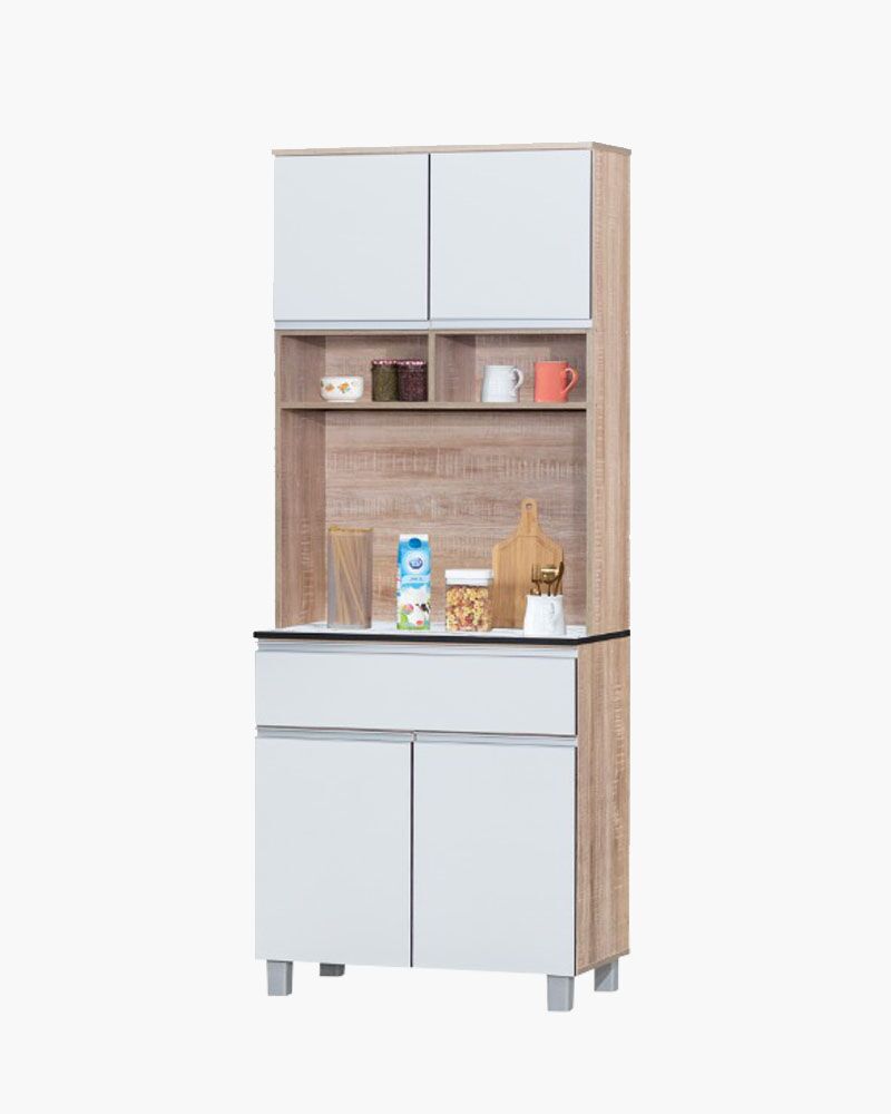 a white kitchen cabinet with a self on top of it