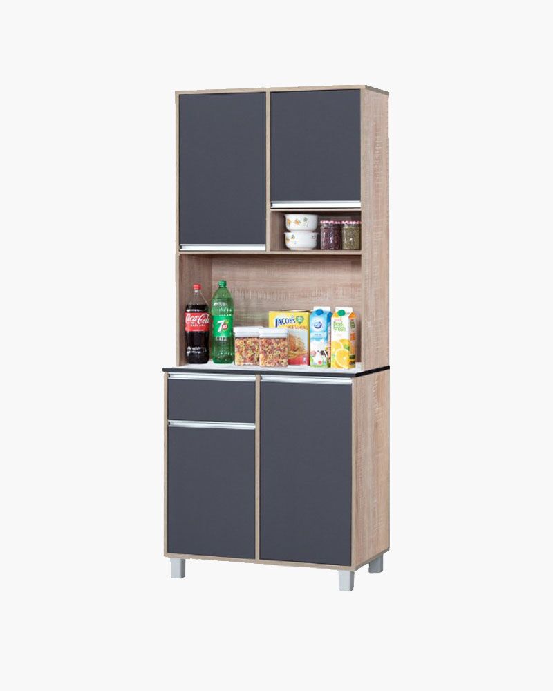 a wooden kitchen cabinet with dark-coloured doors
