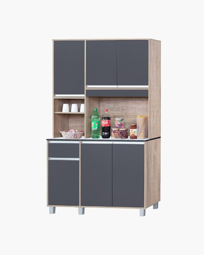 a kitchen cabinet with different kitchen items in it