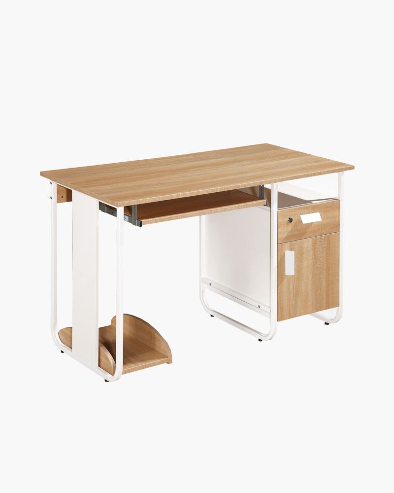 a light-coloured wooden study table with drawers