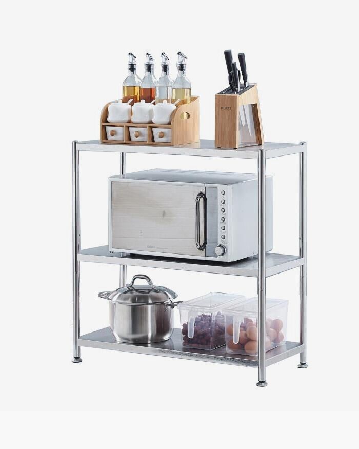 three layers stainless steel kitchen rack with supplies