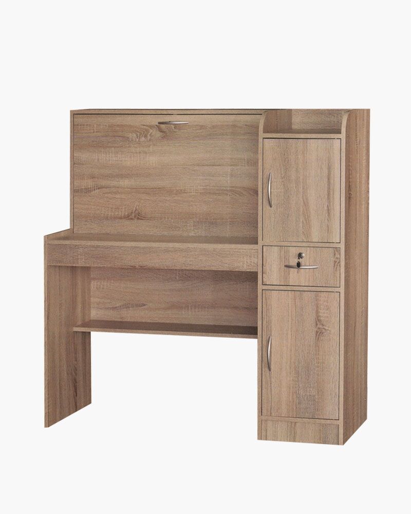 light wood study table with multiple drawers and shelves