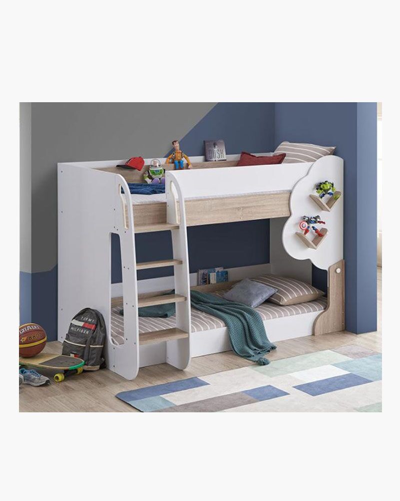 minimalist white and light oak kiddie bunk bed