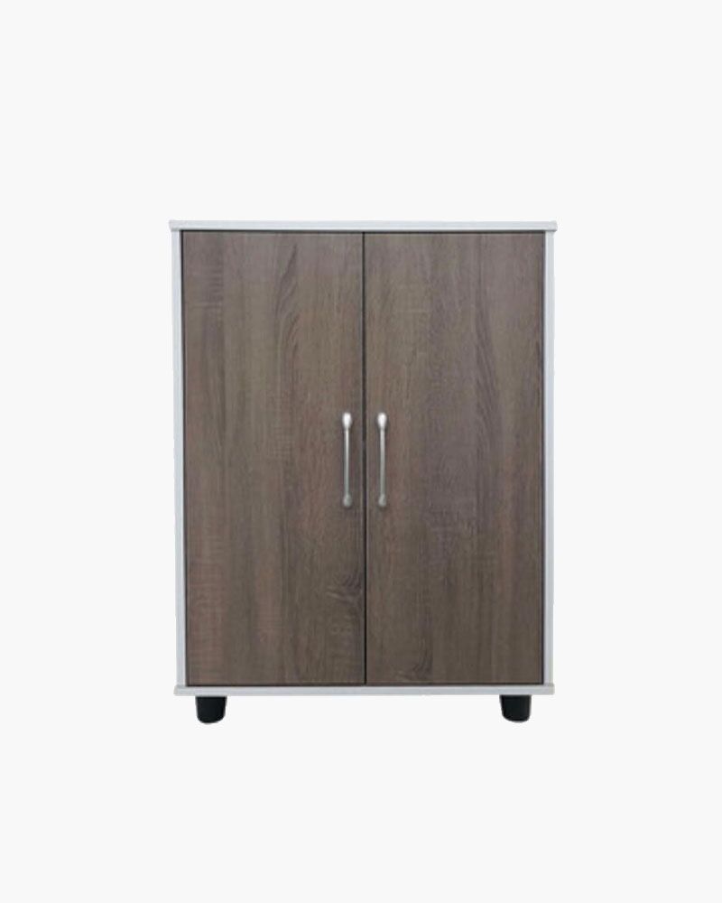wooden sideboard with two doors made from white and dark coloured wood