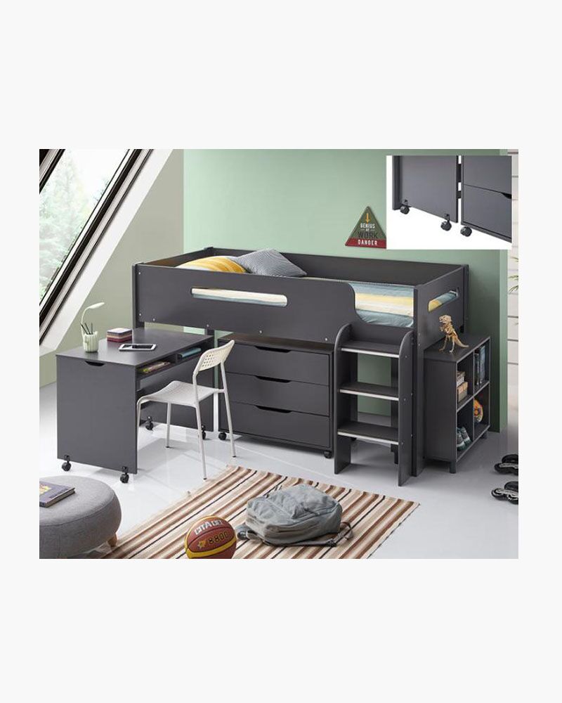 children black loft bed with drawers and shelves