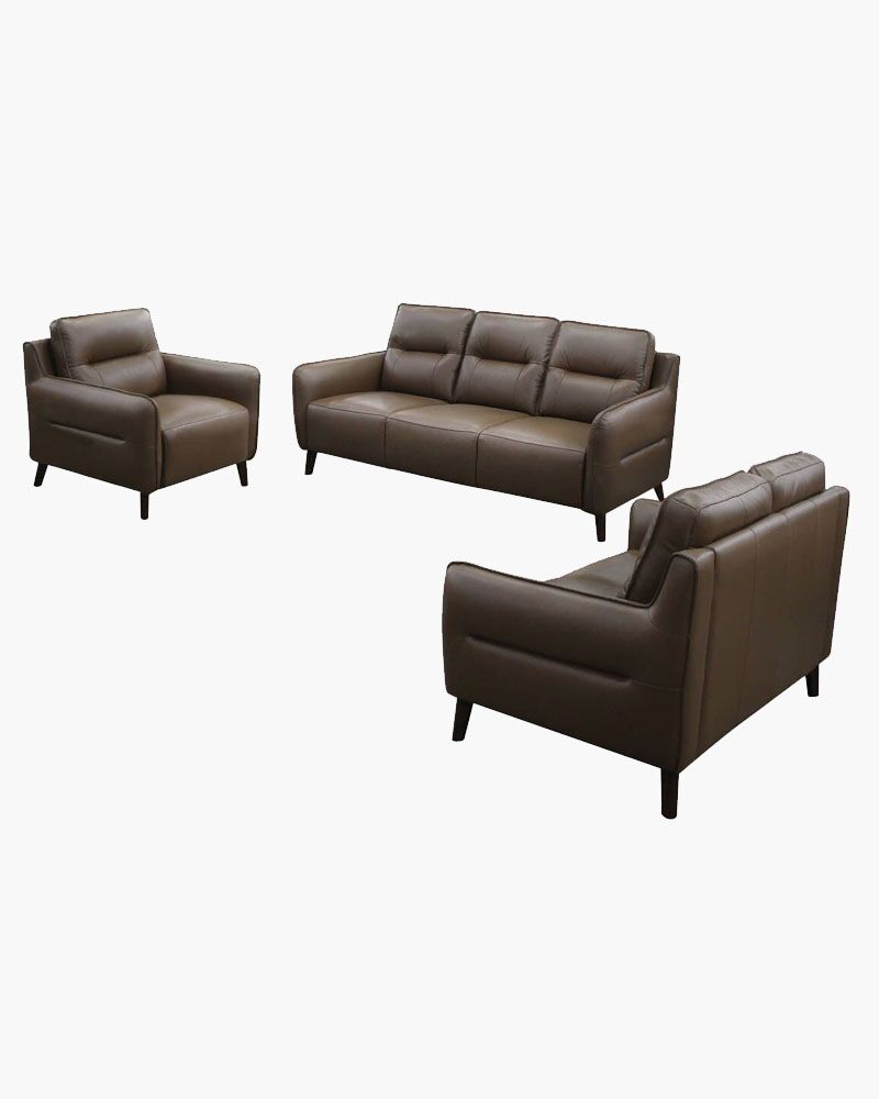 A brown coloured leather sofa and two reclining chairs.