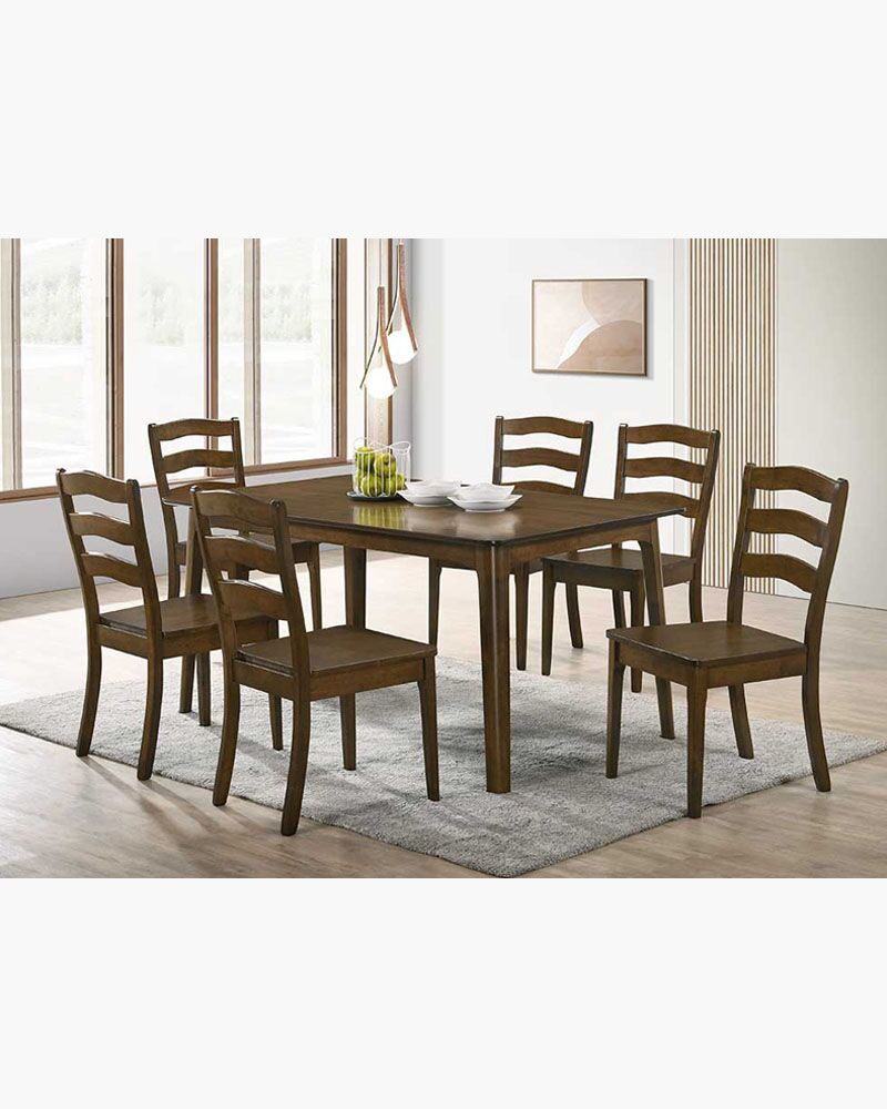 solid wood dining set with 6 ladder-back chairs