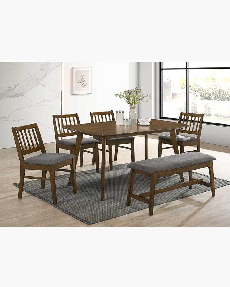 wood dining set with 4 single chairs and 1 bench on the right