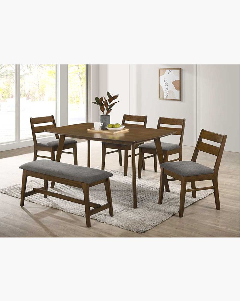set 12 wood dining set with 4 single chairs and 1 bench on the left