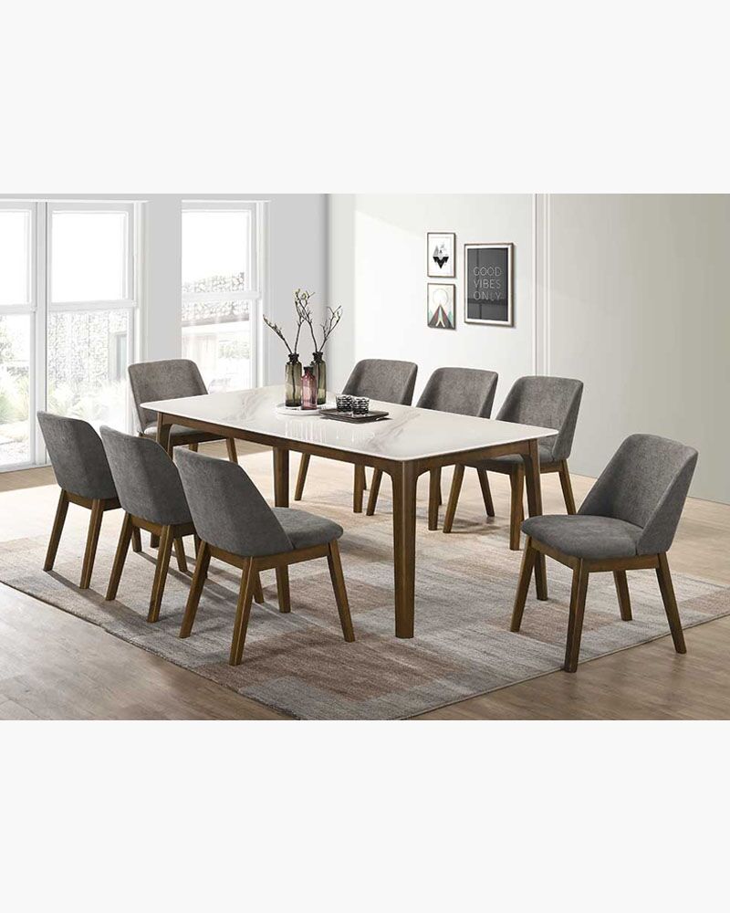 white dining table with 8 upholstered seats