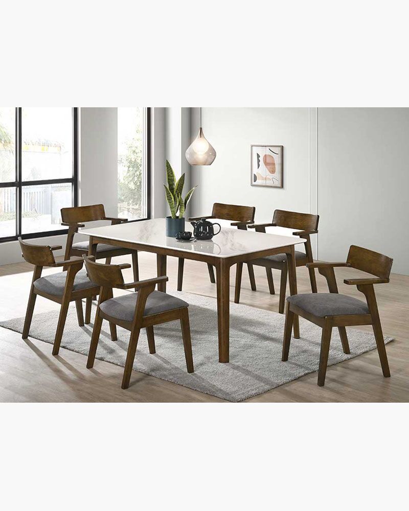 white dining table with 6 low-back chairs