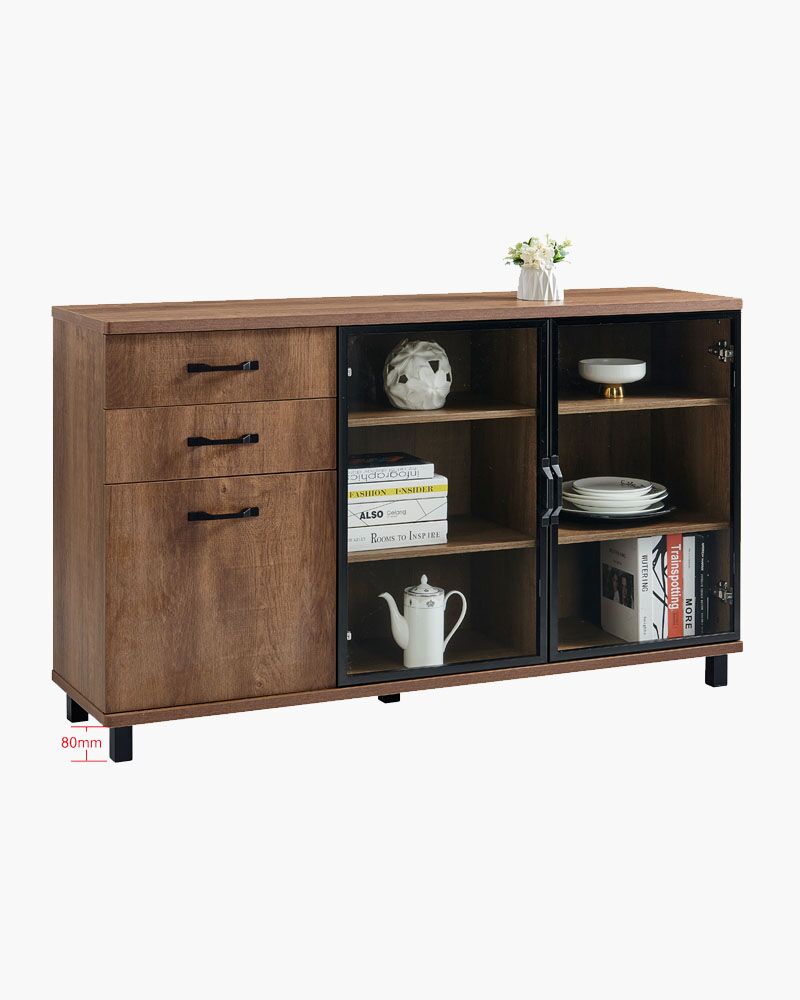 wooden buffet cabinet with glass central panel