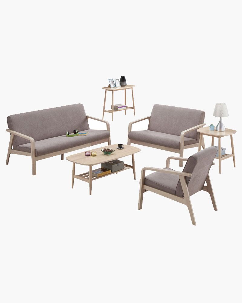 a solid wood sofa set with a coffee and lamp table