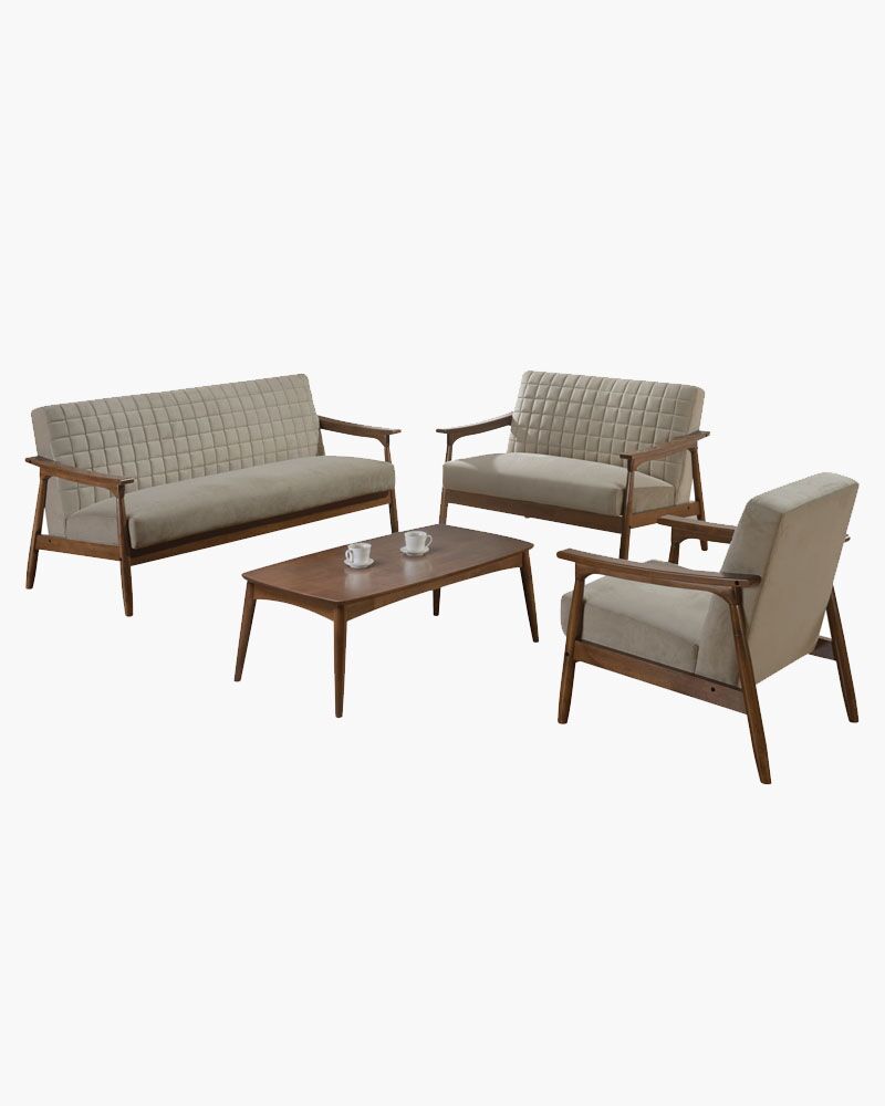cushioned sofa seats and a chair with coffee table