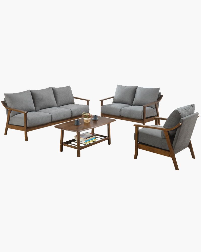 a wooden sofa set with a coffee table