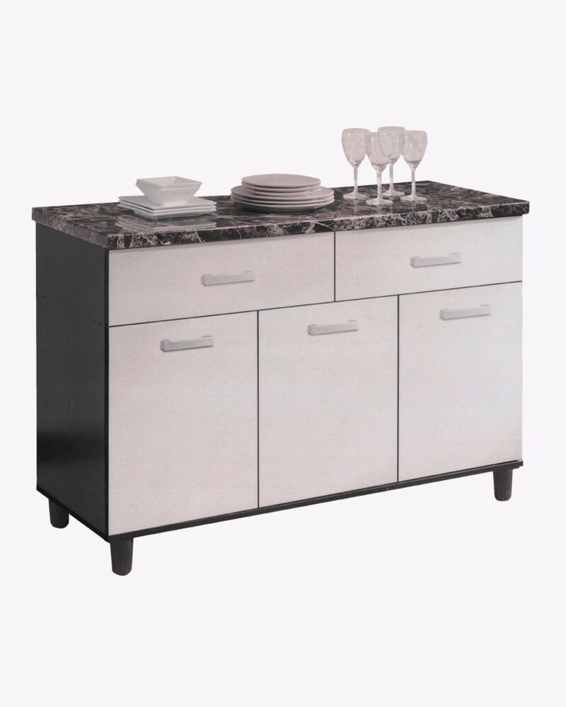 kitchen utensils above a stand alone marble surface kitchen cabinet