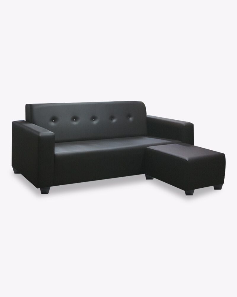 black leather 3-seater sofa with stool