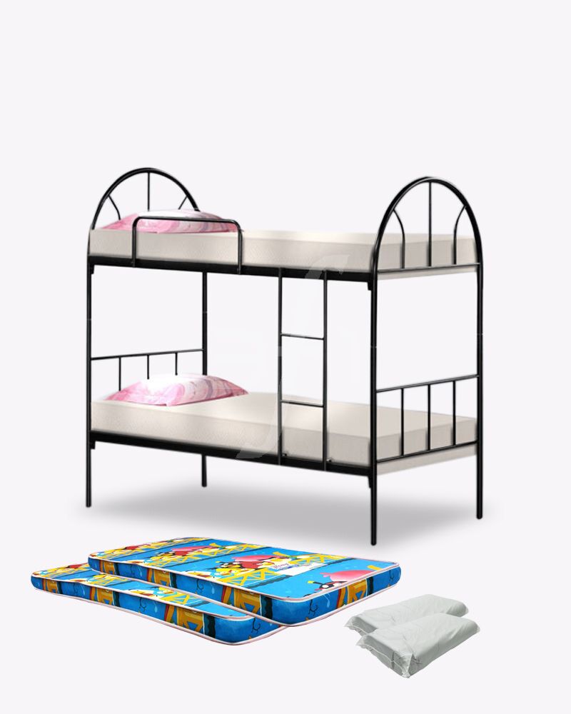 metal double deck-bunk bed with beddings